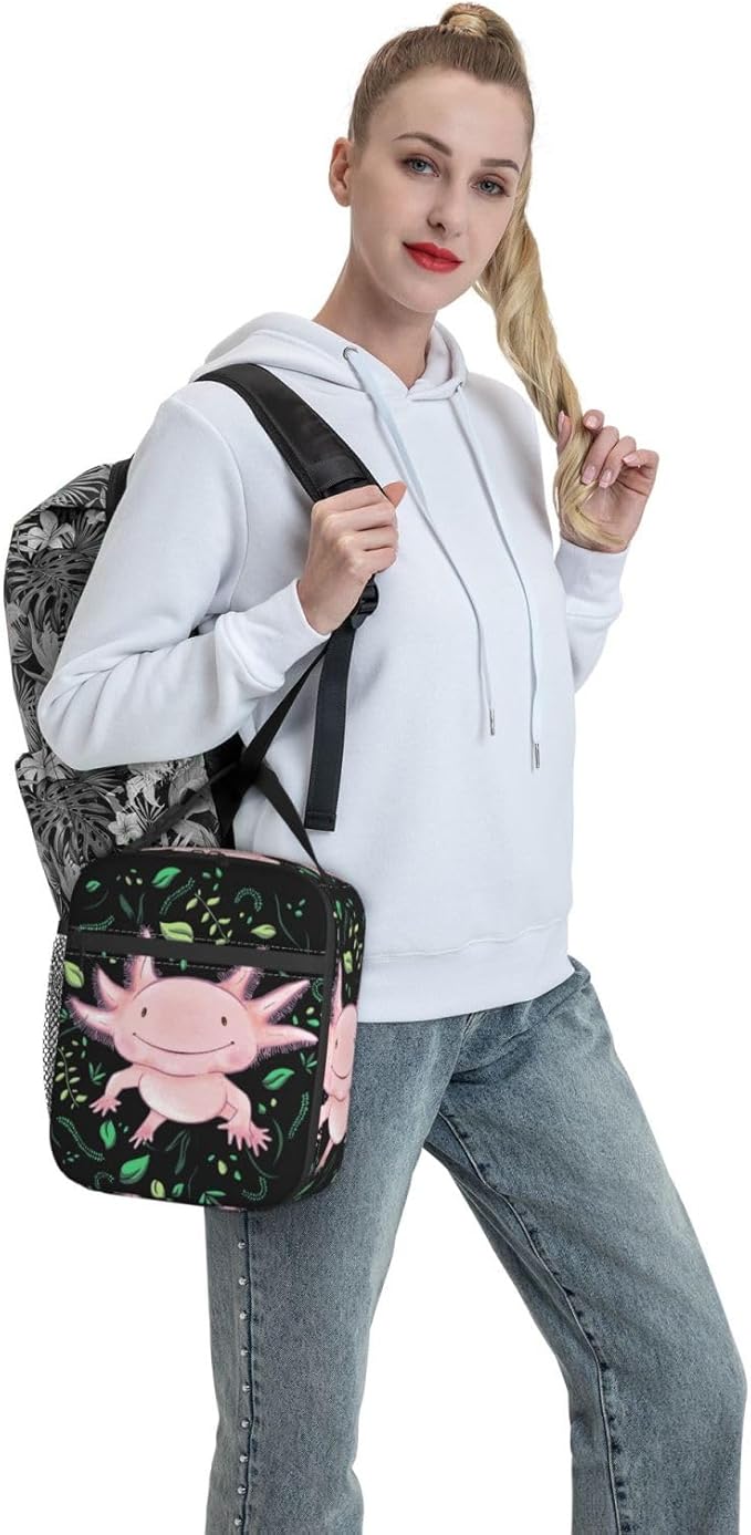 Gianlaima Cute Pink Axolotls Kawaii Axolotl Insulated Lunch Box For Women Man, Portable Lunch Bag Reusable Cooler Tote For Office Work Travel Picnic Camping Beach