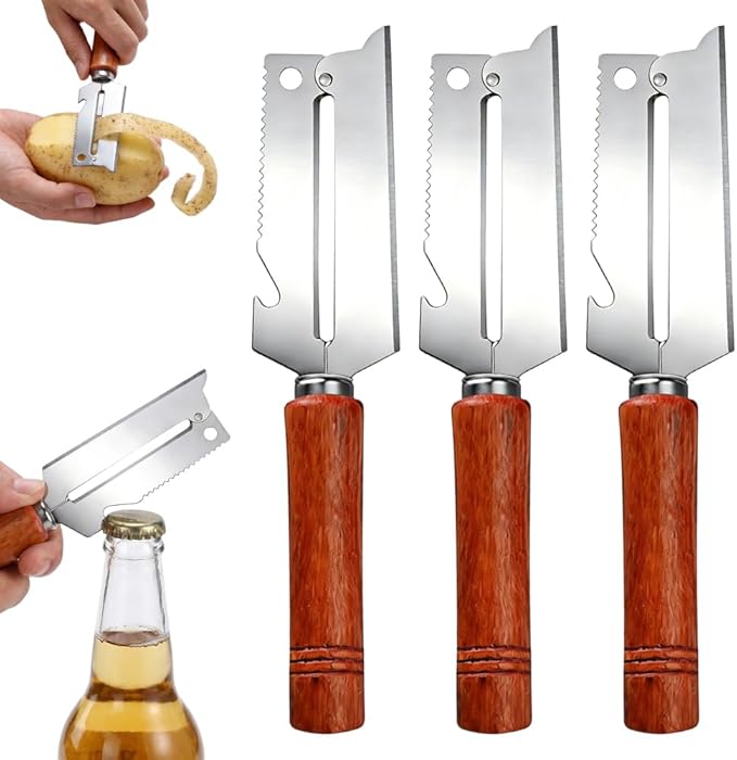 2-in-1 Vegetable Peeler with Wooden Handle – Stainless Steel Wide Blade for Potato, Carrot,Fruit, Multi-Purpose Kitchen Gadget with Built-in Bottle Opener, fit Home, Camping & Travel (3PCS)