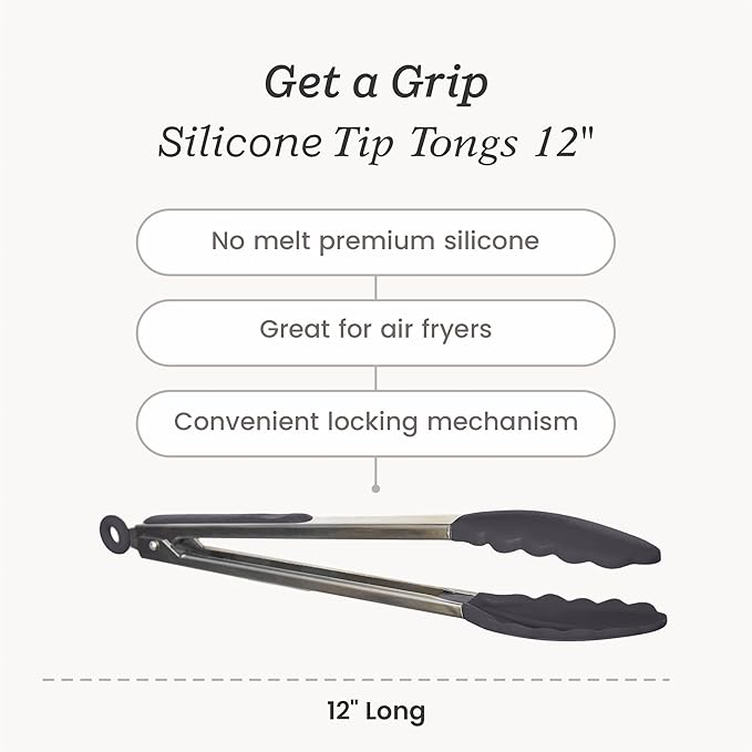 Starpack Get a Grip Silicone Kitchen Tongs (12 Inch) - LFGB Non Toxic, 600°F Heat Resistant, BPA-Free - Heavy-Duty Stainless Steel, Locking - Dishwasher Safe for Nonstick Cookware Gray Black