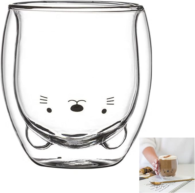 Lily Anne Boutique Cute Glass Drinking Cups - Cat,Duck,Dog,or Bear Double Wall Glass Cup - Use as a Glass Coffee Cup,Tea Cup,Cocktail Cup,or Milk Cup - Large 12.6oz Cups (Cat)