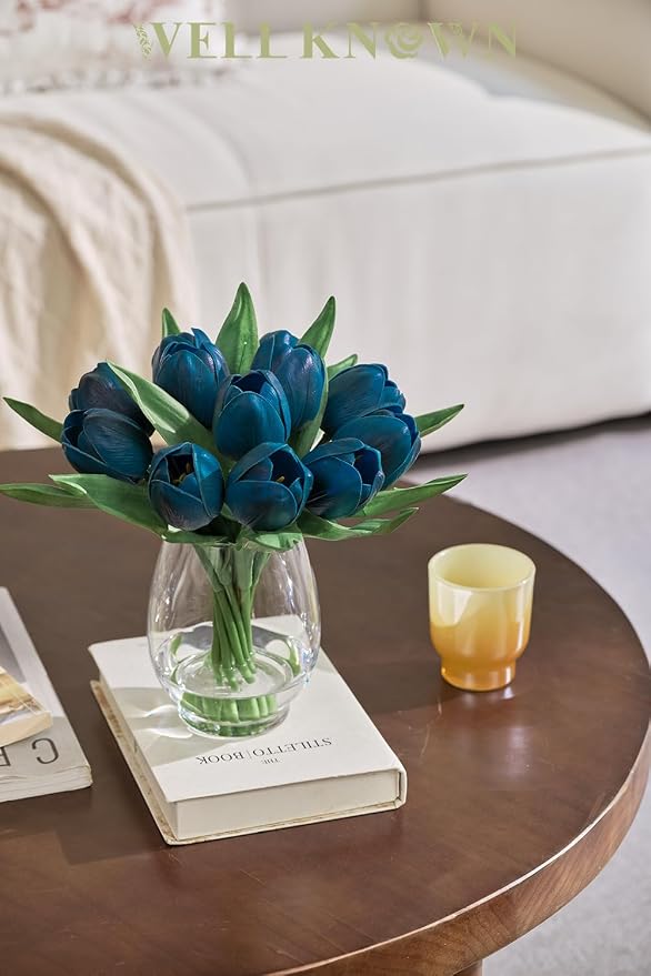 WELL KNOWN 12 Pcs Fake Tulips Artificial Flowers in Vase with Faux Water, Foam Tulip Flower Arrangement with Vase for Home Office Decor, Dining Table Wedding Centerpiece & Mom's Gift (Peacock Blue)