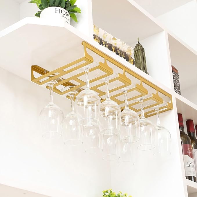 Wine Glass Holder Under Cabinet, Gold Metal Wine Glass Hanger, Hanging Stemware Rack with Screws for Bar Kitchen (Color : C, Size : 16inch/41cm)