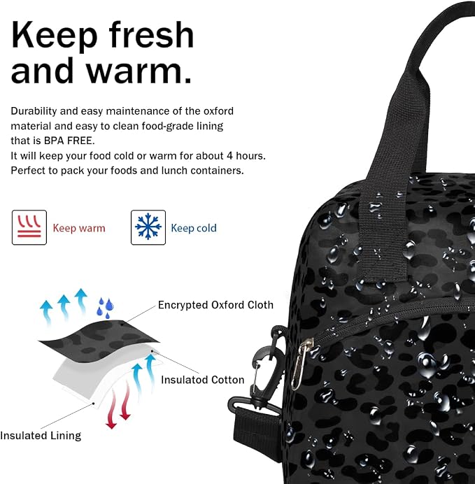 Pardick Leopard Cheetah Black Insulated Lunch Bag for Women Leakproof Lunch Box Large Cooler Thermal Tote Bag with Shoulder Strap Meal Prep Bags for Work School Office Picnic Teen Girls Adult