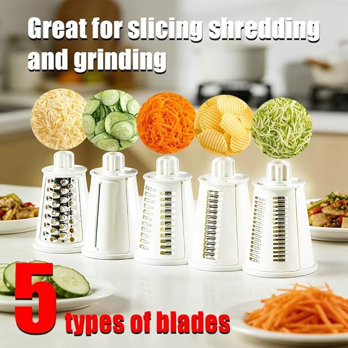 VEKAYA Rotary Cheese Grater, 5 in 1 Cheese Grater with Handle, Replaceable Stainless Blades Cheese Shredder, Cheese Vegetable Slicer, Easy to Clean Kitchen Gadgets with Storage Box