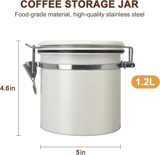 1.2L Airtight Vacuum Coffee Canister, Stainless Steel Storage Container for Coffee Beans and Grounds with Scoop.Suitable for coffee powder, coffee beans, rice, tea leaves, sugar, flour, and grains