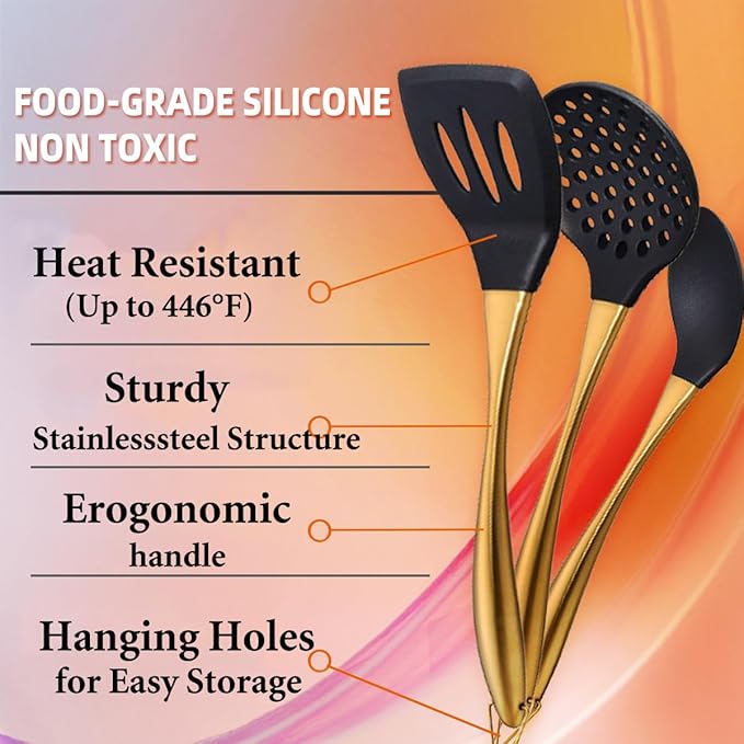 Kitchen Utensils Set, Large Non-stick Silicone Cooking Utensils Set 6 Pcs,Made of 446°F Heat Resistant Food Grade Silicone and Stainless Steel Handles,Easy to Clean Kitchen Gadgets Set (Gold)