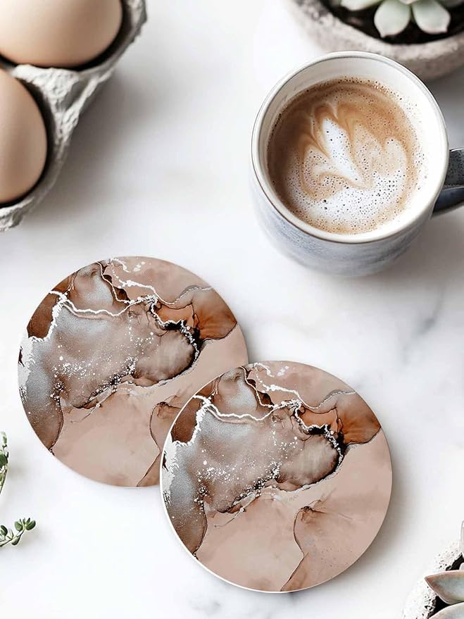 Coasters Set of 8 Brown Marble Drink Coasters with Holder Absorbent Stone Ceramic Cup Mat Abstract Waves Cloud Coaster for Drinks Coffee Bar Office Kitchen Cafe Home Table Decor