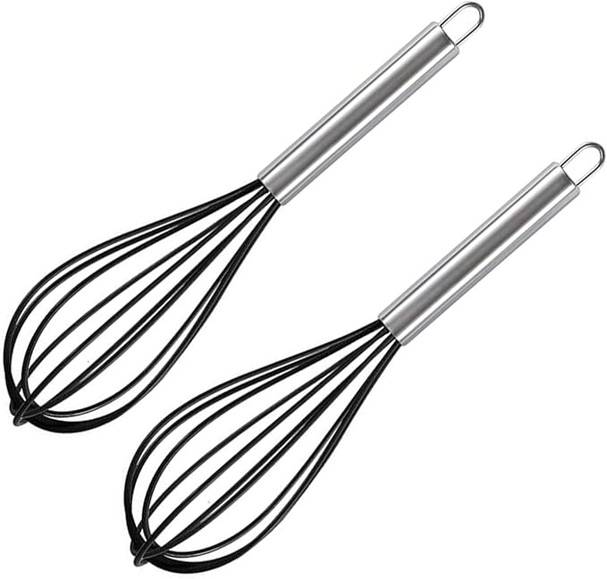 Silicone Whisk with Stainless Steel Handle, 10 inch Mini Wisk Balloon Kitchen Whisks Tool set of 12, Egg Beater Wisking for Cooking, Beating, Make Cake (Black)