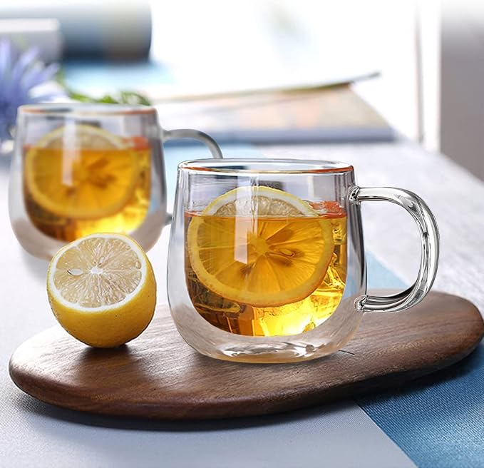 Double Wall Glass Coffee Mugs 10oz Set of 4 Insulated Clear Tea Cups with Handle, Perfect for Espresso, Latte and Cappuccinos