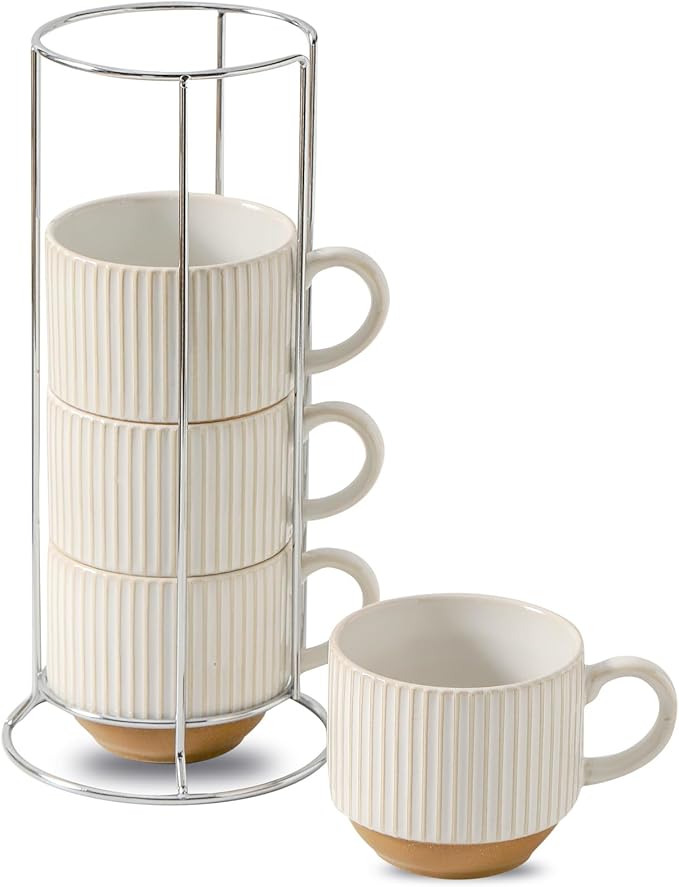Ceramic Coffee Mugs with Stand,15 Oz Stackable Coffee Cups Set of 4 for Latte,Milk,Tea,Gift for Thanksgiving New Year Housewarming,Dishwasher & Microwave Safe,White Patchwork Color