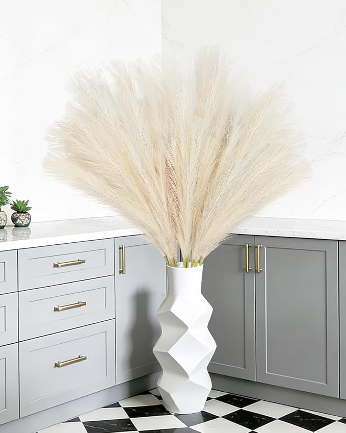 TORONTOKYO 8Pcs Beige Faux Pampas Grass Tall Decor, 35.4” Fluffy Artificial Pompous Grass Branches, Large Pampas Grass Reed Stems for Floor Vase Filler, Wedding, Baby Shower, Home Boho Decor