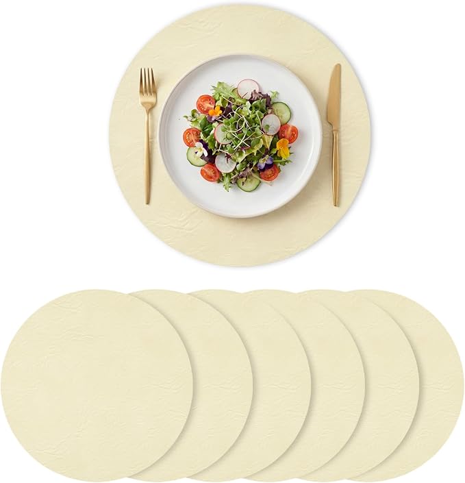 Artoid Mode Beige Faux Leather Placemats Set of 6, 15 Inch Waterproof Wipeable Heat Resistant Vinyl Place Mats, Reversible Table Mats for Kitchen Dining Decor