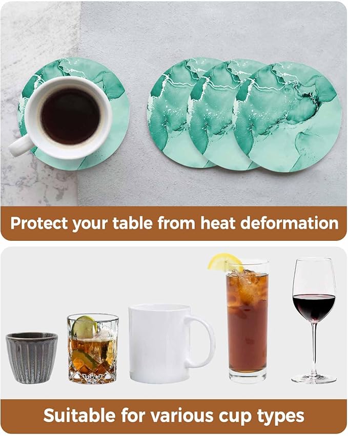 Coasters Set of 4 Turquoise Marble Drink Coasters with Holder Absorbent Stone Ceramic Cup Mat Abstract Waves Cloud Coaster for Drinks Coffee Bar Office Kitchen Cafe Home Table Decor
