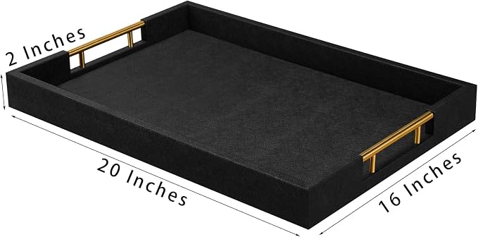 16×20 Inches Black Faux Leather Coffee Serving Tray Decorative Ottoman Trays with Gold Metal Handles Decor for Living Room Rectangle Large Bed Breakfast Organizer for All Occasions Multipurpose Using