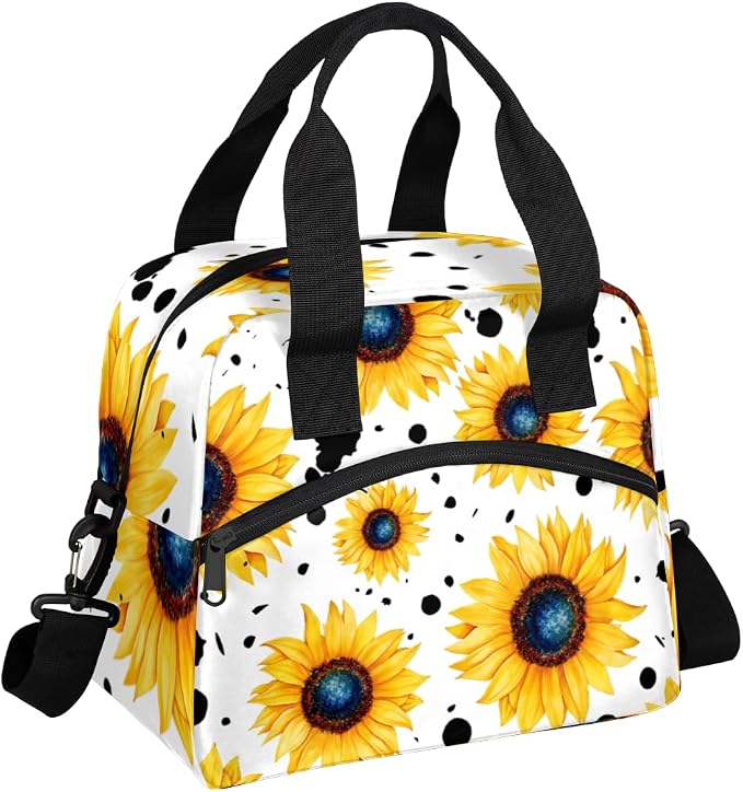 Pattern Yellow Sunflowers Insulated Lunch Bag for Women Men Reusable Lunch Box Cooler Bag Large Leakproof Lunch Tote with Adjustable Shoulder Strap for Adult Work Picnic Camping Beach Office