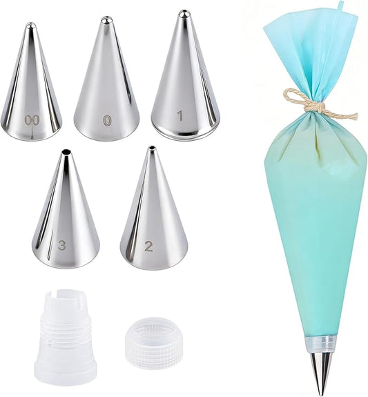 AUEAR, Cake Decorating Sugar Cookie Piping Tips 5 Writing Tube 1 Coupler 1 Silicone Pastry Bag (7 Pack)