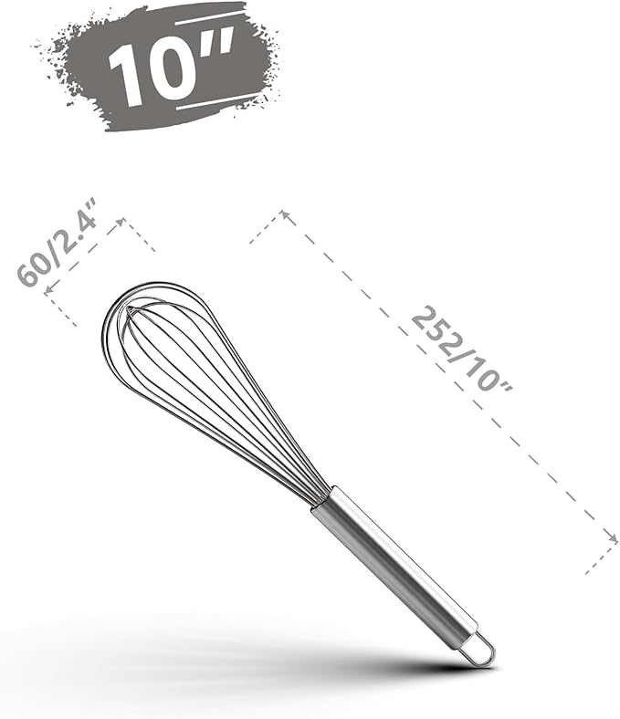 Balloon Whisk Stainless Steel 304 18/8 Wire Beater 8"10"12" Kitchen Cooking Tool No-Stick For Egg(10 Inch Silver)