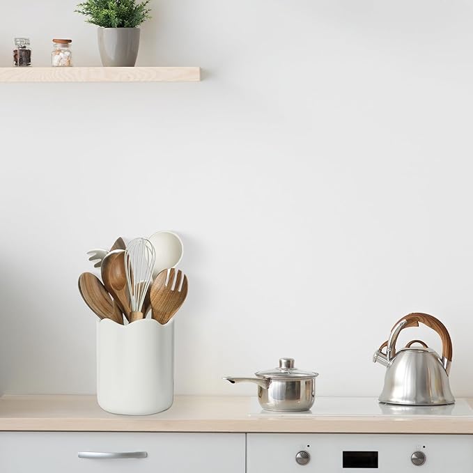 Ceramic Utensil Holder for Kitchen Counter, 6.2" Large Kitchen Utensil Holder for Countertop with Cork Bottom, Cooking Tool Organizer for Spatula, Matte White
