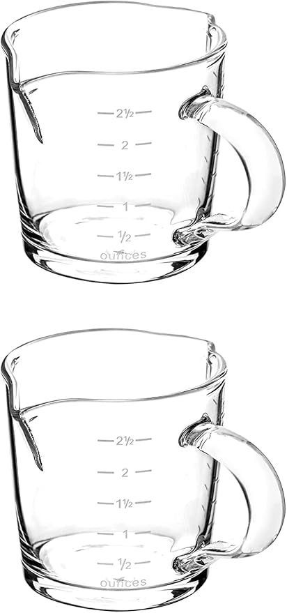 QWORK Espresso Shot Glass with Handle, 2 Pack 3-Ounce Double Spout Glass Measuring Cup Triple Pitcher Milk Cup with Two Scales (OZ&ML)