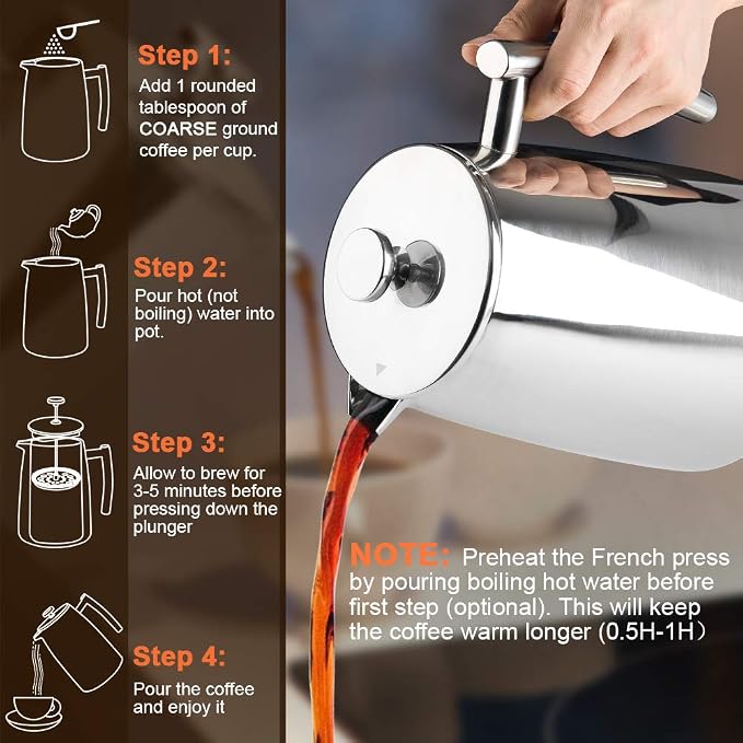 Secura French Press Coffee Maker, 34-Ounce, 304 Stainless Steel Insulated Coffee Press with Extra Screen (Pack of 2)