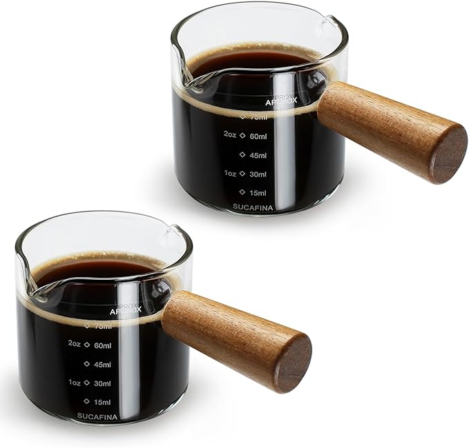 2 Pack Espresso Cups with Wood Handle, 75ML Double Spout Glass Measuring Cup with Dual Scale, Espresso Shot with V-Shaped Mouth, Clear Glass Espresso Accessories, Milk Frothing Pitcher