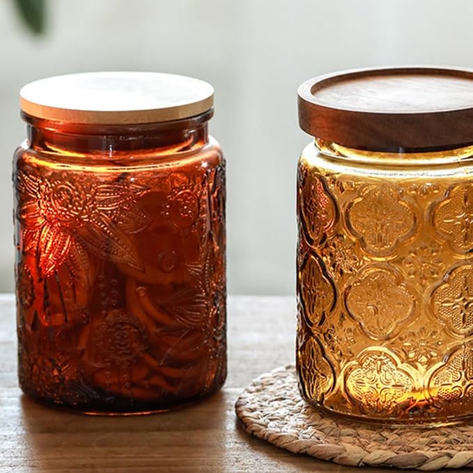 ANSQU Vintage Glass Kitchen Storage Counter Jar, Candy Jars with Lids, Coffee Container for Ground Coffee, Mason Jar Hold Coffee Beans, Tea, Sugar, Bath Salts & More, 23.7 FL OZ (Amber, 1Pack)