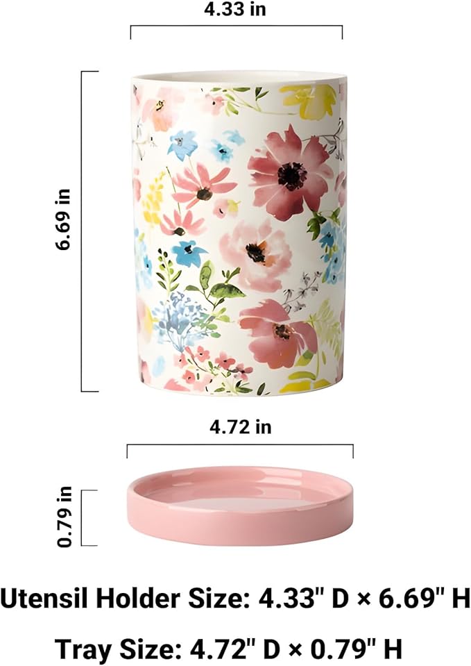Utensil Holder for Kitchen Counter, Large Ceramic Utensil Holder Crock with Drain Tray, Hand-Painted Floral Rustic Farmhouse Kitchen Crock, Perfect for Women, Christmas, Hostess Gifts & Fall Decor