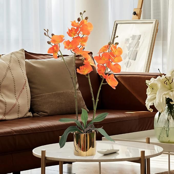 CXGS Artificial Orchid Flower Plant Real Touch Faux Orchids in Ceramic Vase Orange 19.7'' Fake Phalaenopsis Flower Arrangement Centerpiece Home Indoor Decor