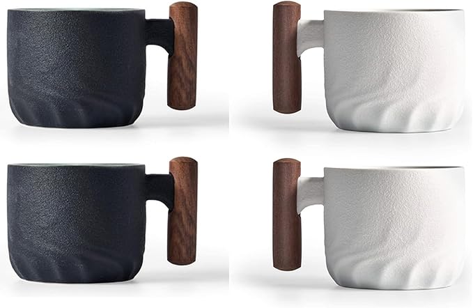 2.5oz Ceramic Espresso Cups with Wooden Handle, Chinese KungFu Tea Cup, Coffee Cups Set of 4 (Black/White)