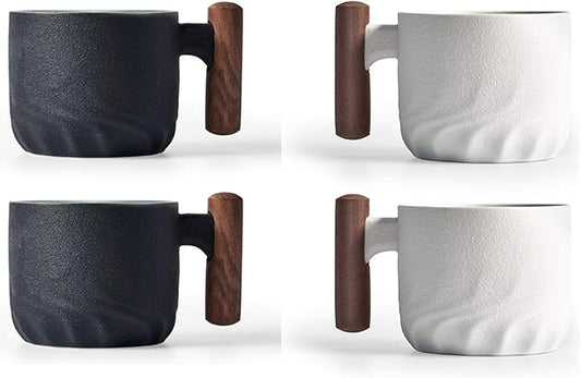 2.5oz Ceramic Espresso Cups with Wooden Handle, Chinese KungFu Tea Cup, Coffee Cups Set of 4 (Black/White)