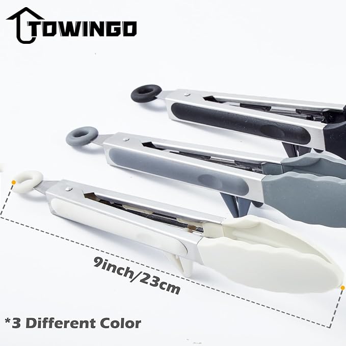 9" Kitchen Tongs, 3Pcs Tongs for Cooking with Silicone Tips, Food Grade Small Silicone Tong, Mini Serving Tong for BBQ Salad(Black,Grey, White)