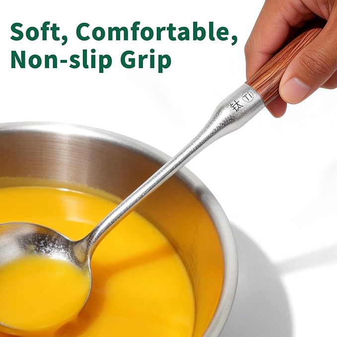 Newness Soup Ladle and Solid Turner, [Rustproof, Heat Resistance] Resilient Pure Titanium Soup Spoon and Turner with Long Ergonomic Natural Wooden Round Handle, Non-Toxic Cooking Spoon for Kitchen