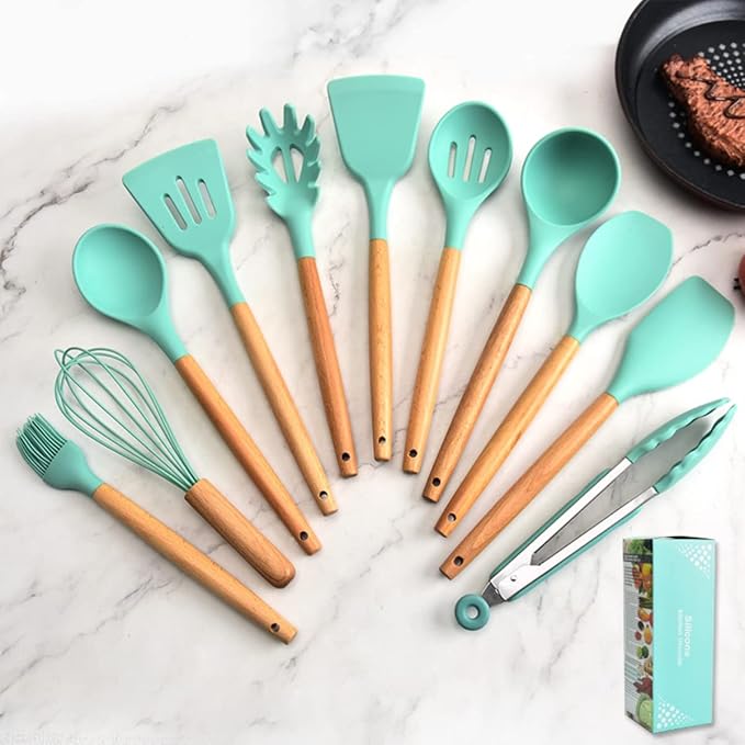 Silicone Kitchen Cooking Utensils Set,12 pcs Non-stick Silicone Kitchen Utensils Set 446°F Heat Resistant, BPA Free, Stirring cooking Set Spatula Turner Spoon Tongs Whisk(Dark Green)
