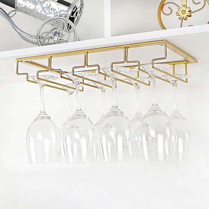 FOMANSH Wine Glass Rack - Under Cabinet Stemware Wine Glass Holder Glasses Storage Hanger 2 Pack Metal Organizer for Bar Kitchen 4 Rows Gold