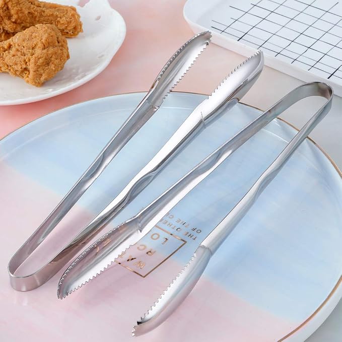Stainless Steel Cooking Tongs for Frying, 9 Inches Serving Tongs Appetizers Charcuterie with Teeth for Parties, Food Tongs Kitchen Tongs for Nonstick Cookware, Set of 2 (Silver)
