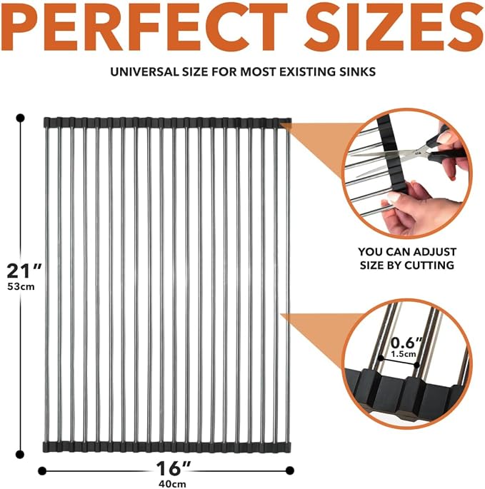 Roll-Up Dish Drying Rack 21"(L) x 16"(W) - Foldable Multipurpose Heat Resistant Large Stainless Steel Kitchen Rollup Dish Drainer Over Sink Mat - Silicone Coated Rims