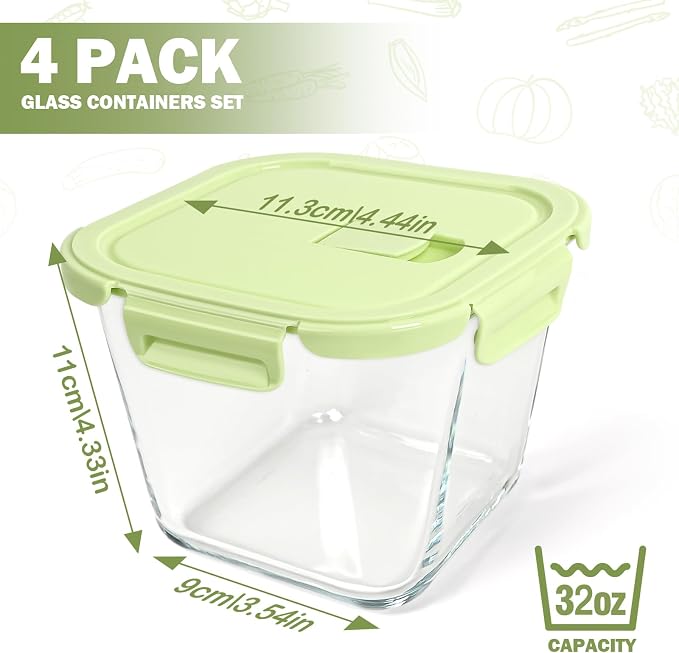 Borosilicate Glass Soup Containers with Lids, 4 Cup/32 oz, 4 Pack | Microwave Dishwasher Oven Freezer Safe | Airtight Leak Proof | Food Grade | Square Soup Meal Prep | Lunch | Food Storage Set