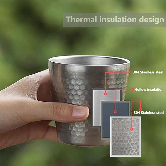 Stainless Steel Espresso Cup-1pcs Set Double Wall Insulated Metal Demitasse Cups 6 oz (175ml) Drinking Coffee Drinking Beverages Diamond Pattern Anti-Slip&Scalding