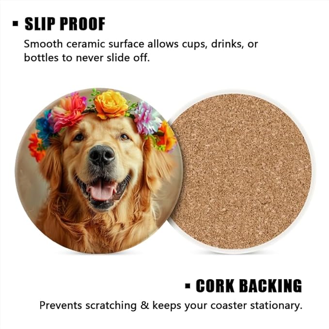 1 Pcs Coffee Cup Coasters for Drinks, Smiling Golden Retriever with Colorful Flower Round Absorbent Non-Slip Ceramic Stone Cork Coasters for Kitchen Office Decoration Bar (4 * 4 Inch)