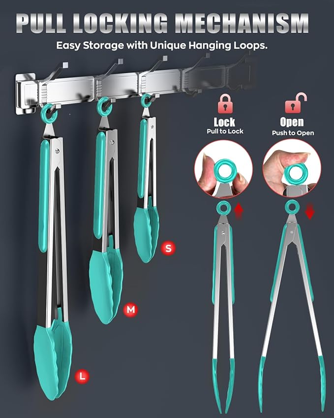 600ºF Heat Resistant Kitchen Tongs, Premium Locking Cooking Tongs with Silicone Tips, Non-Slip Food Tongs for Cooking, Non-Stick, Heavy Duty Stainless Steel Handle, Set of 3-7" 9" and 12" Aqua Sky