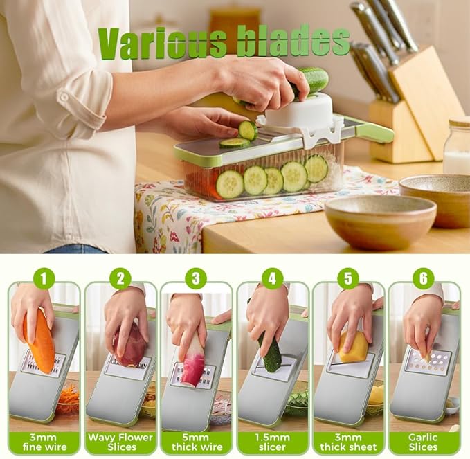 Multifunctional Vegetable Slicer, 6 in 1 Slicer Veggie Shredder with Safe Hand Guard, Multi Blade Adjustable Garlic Slicer, Easy-Clean & Compact Storage, Portable Kitchen Gadget (6 Blades Upgraded)