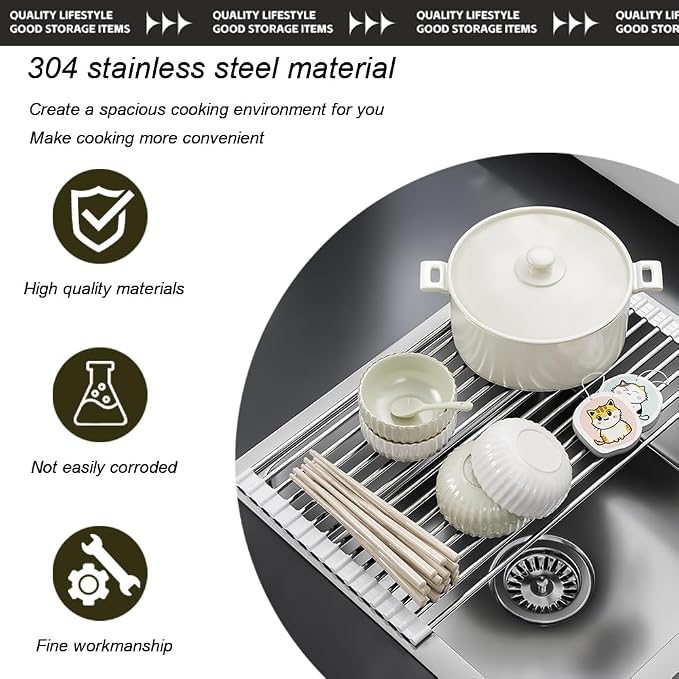 Roll Up Dish Drying Rack Over Sink Drying Rack Sink Cover Kitchen Sink Accessories Multipurpose Organizer Foldable Stainless Steel Drainer (15 Rods)