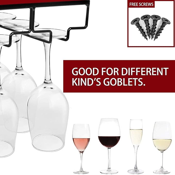 Wine Glasses Rack Under Cabinet, Wine Glass Holder, Stemware Rack, Stemware Wine Glass Holder Glasses Storage Hanger Metal Organizer, Hanging Stemware Holder for Bar Kitchen(3 Rows Matte Black)