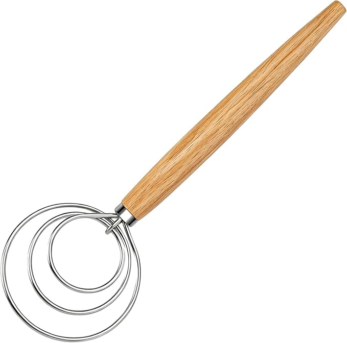 Maxjoy Danish Dough Whisk Wooden Dutch Bread Mixer with Stainless Steel Hook for Sourdough Baking Hand Tool