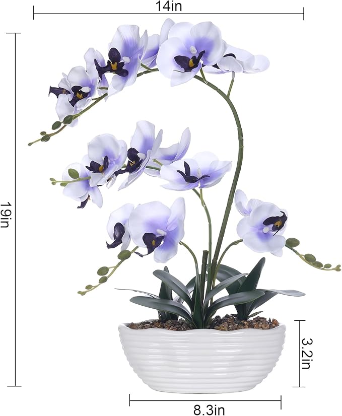 19" H Phalaenopsis Faux Orchid Plant Silk Orchid Centerpiece Artificial Floral Arrangement in Ceramic Pot (White and Purple)
