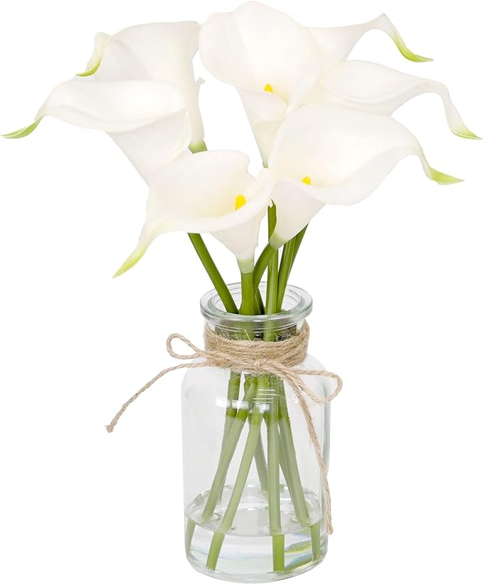 Muhanjia Artificial Flowers Calla Lily in Glass Vase with Faux Water,7Pcs Artificial Flower Real Touch Latex Flowers for Centerpiece Table Decorations Counter Decor(White Calla Lily)