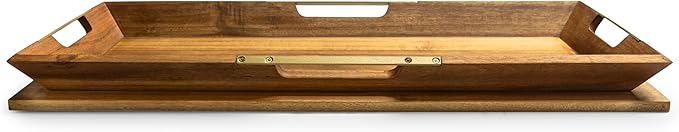 Curate Large Acacia Wood Serving Tray with Handles for Coffee Table, Breakfast & Dinner, Rustic Decorative Wooden Serving Tray for Kitchen, Dining & Charcuterie Boards, (20.8” x 15.3” x 2”)