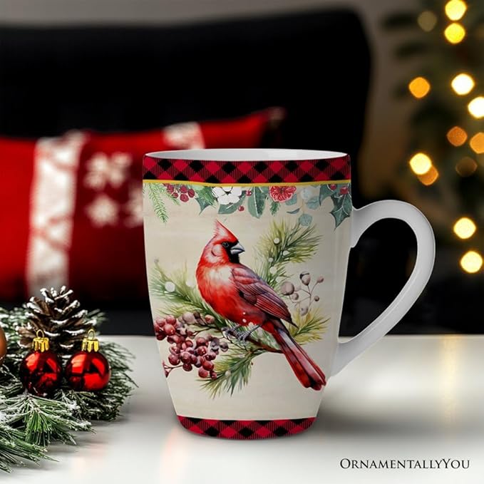 OrnamentallyYou Coffee Mug Holiday Kitchen Drinkware, Multiple Designs Available (Festive Country Plaid Set of 4 Ceramic Mugs)