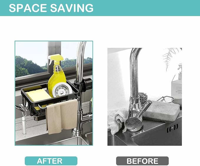 Kitchen Sink Faucet Organizer, Over Faucet Sink Organizer with Drip Tray, Adjustable Sponge Holder, Space Organizer Rack for 0.7-1.1 inch Round Water Pipe (Black)