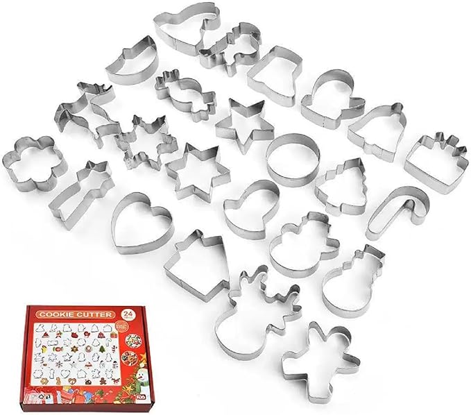 24 Pcs Christmas Cookie Cutter Set, Christmas Tree, Snowflake, Snowman, Gingerbread Man, Gingerbread Girl, Mitten & More Shapes